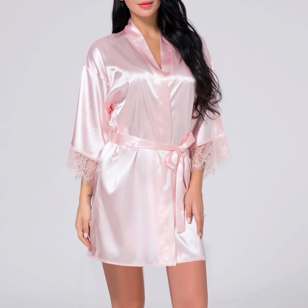 Women Sexy Lingerie Satin Robes Lace Nightdress Nightwear Sleepwear Lace Cuffs